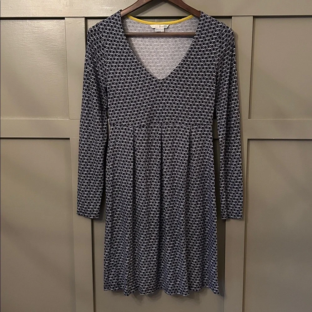 Boden Hattie Jersey Dress Long Sleeve V-Neck Navy Blue White Size 8 Long